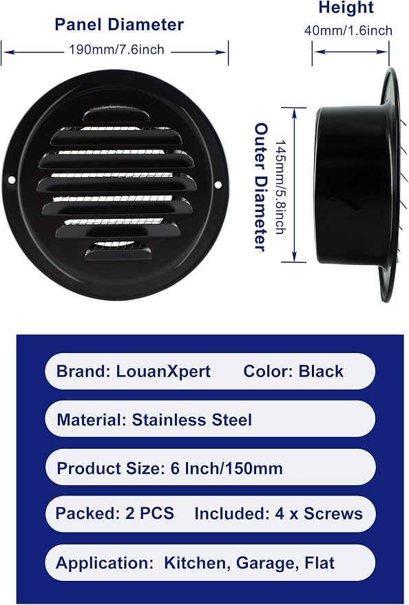 6 Inch Round Air Vent Cover, LouanXpert Stainless Steel Black Soffit Vent Cover - Image 2