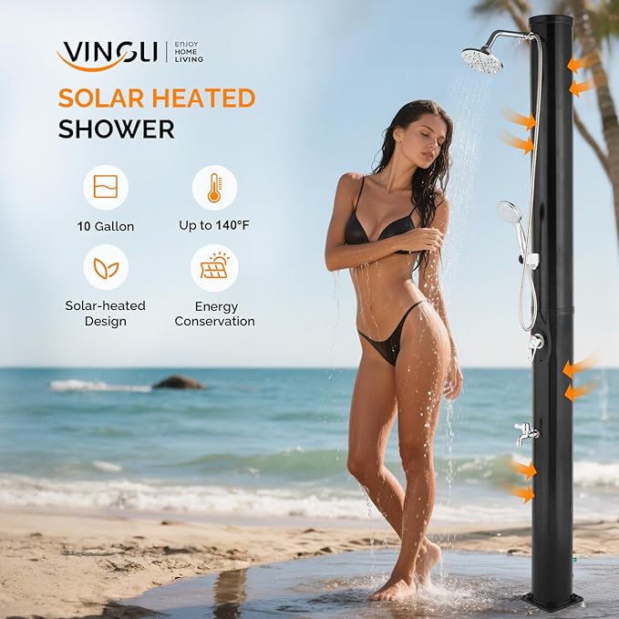 VINGLI Solar Heated Shower,2-Section with Shower Head and Foot Shower Tap，for Outdoor Backyard Poolside Beach Pool Spa,Black (10 Gallon-Black)