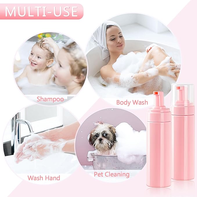Foam Pump Bottle 6.8oz/200ml Pink Empty Foam Bottle Pump, Travel Foam Bottle for Soap, Shampoo, Cleaning Foam Dispenser Bottle Refillable (4 Pack)