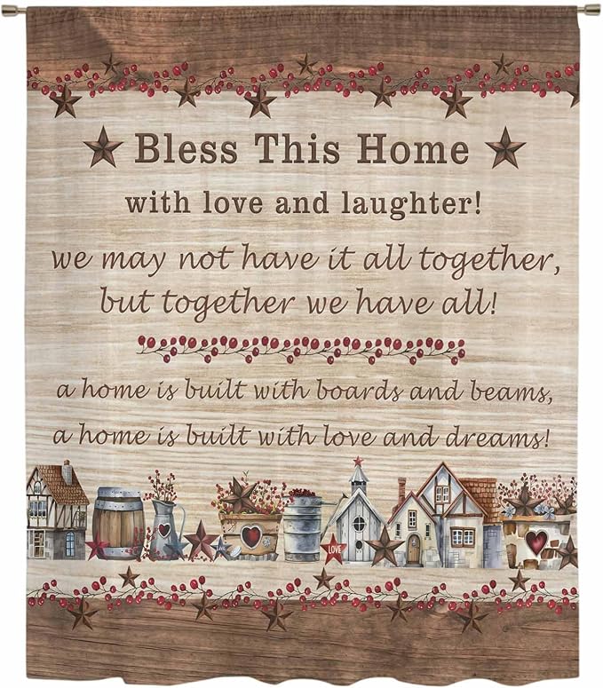 Farmhouse Sheer Curtains 63 Inch Length Brown Country Star Berry Vintage Wood - Image 6