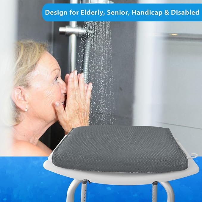 Shower Seat Cushion, Shower Chair Cushion for Transfer Benches in Bathtub, Cushion for Sauna, 3D Mesh Pad with Hook, Slip-Resistant, Design for Elderly, Senior, Handicap Disabled