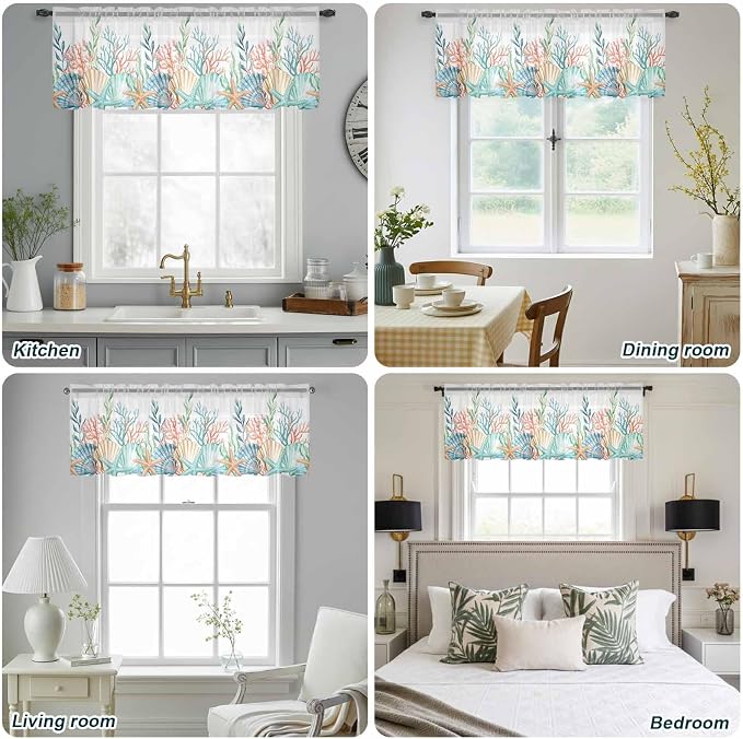 Summer Beach Sheer Valance Curtains, Ocean Colorful Coral Shell Seaweed - Image 9
