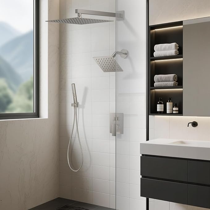Shower Faucet Set, Wall Mount Shower System 12-inch & 6-inch Dual Shower Head Set with 2 in 1 Handheld Spray Rain Shower Faucet with Rough-in Valve and Shower Trim Kit, Brushed Nickel