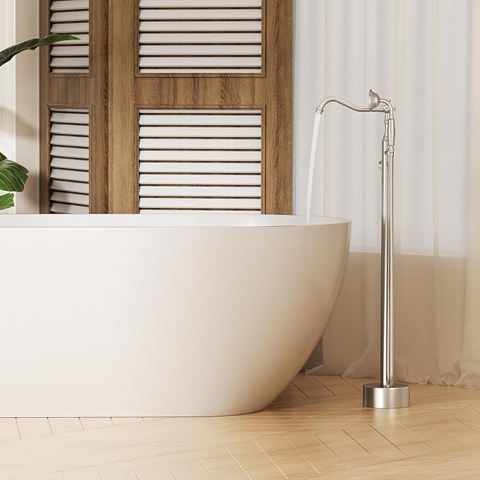 Brushed Nickel Bathtub Faucet Freestanding Tub Filler High Pressure Single Handle Bathtub Filler Floor Mounted Brass Bathroom Tub Faucets with Handheld Shower