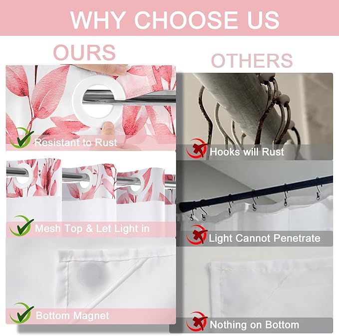 No Hook Shower Curtain and Liner Set, Pink Eucalyptus Floral Shower Curtains for Bathroom, Bath Curtain Sets with Snap in Liner, Waterproof with See Through Top Window, 71x77 Inches
