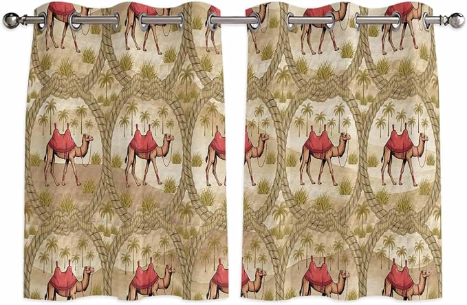 2 Panel Kitchen Cafe Curtains, Desert Camels Sunlight Filtering Nature Air by Hokiten