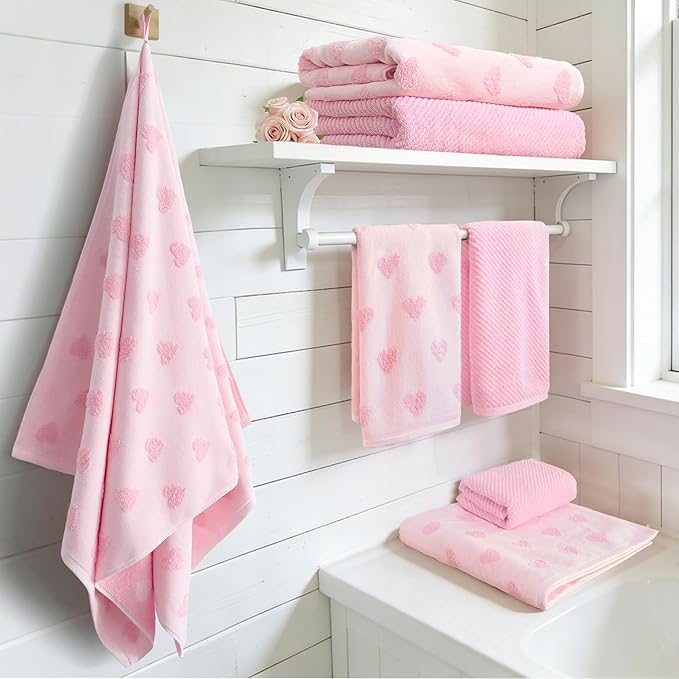VOOVA & MOVAS Valentines Day Hand Towels 4-Pack, 100% Soft Cotton 18x28 Inch Hand Towels with Decorative Jacquard Heart,Baby Pink