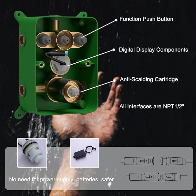 Shower Faucet Set Matte Black Shower System, Push Button Shower Faucet with Dual Rain Shower Head(12 inch+8 inch), Handheld Shower, with Digital Temperature Display Function
