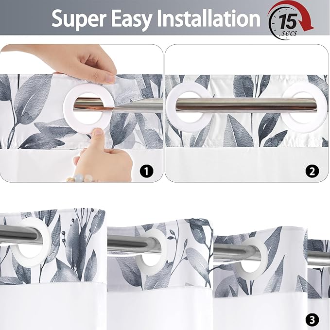No Hook Shower Curtain and Liner Set, Blue Grey Eucalyptus Floral Shower Curtains for Bathroom, Bath Curtain Sets with Snap in Liner, Waterproof with See Through Top Window, 71x74 Inches