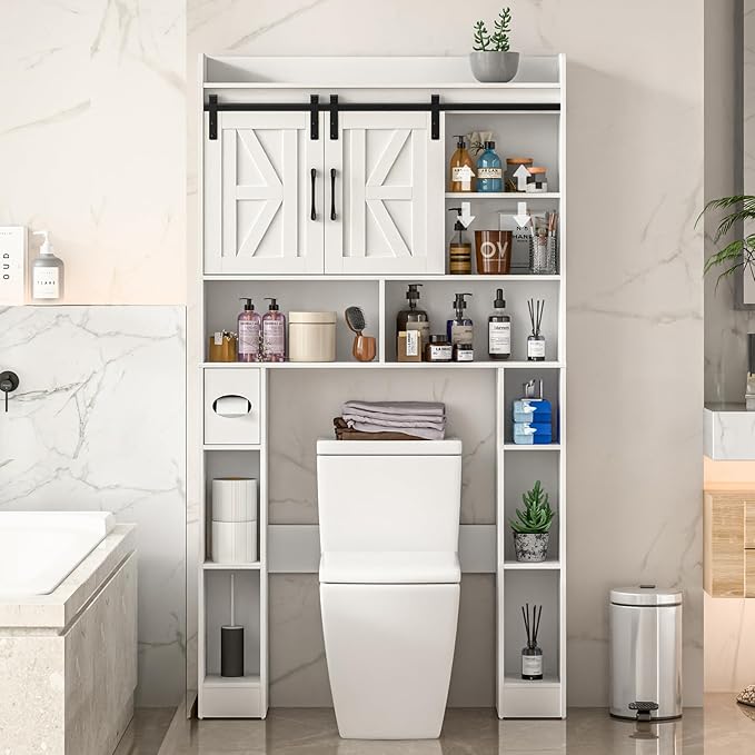 Farmhouse Storage Cabinet Over Toilet with Sliding Doors，Over The Toilet Storage Cabinet, Home Space-Saving Toilet Rack, for Bathroom, Restroom, Laundry.