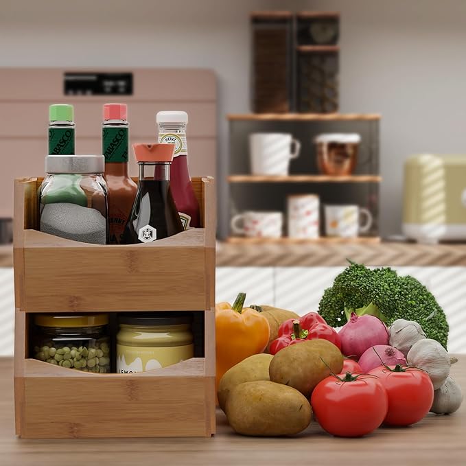 2 Set Open Front Small Stackable Storage Bins, Bamboo Stacking Storage Bins Snack Tea Bags Fruits Spices Countertop Storage, Rustic Organizer Bins for Pantry, Kitchen, Office, Bedroom (Small Walnut)