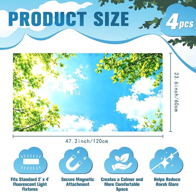 Fluorescent Light Covers for Ceiling Lights, 4 Pack 4 x 2 ft Magnetic Sky Cloud - Image 2