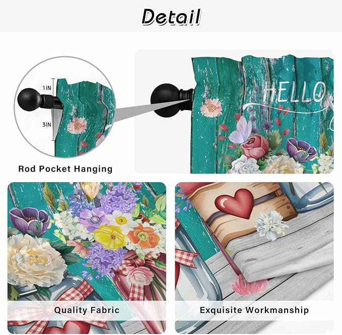 Spring Flowers Tier Curtains, Farmhouse Watercolor Teal Wood Grain Light - Image 9