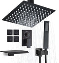 12 Inch Ceiling Mount Shower System Matte Black Rain Mixer Shower Combo Set High Pressure Rainfall Shower Head System Bathroom Luxury Shower Faucet Set Rough-in Valve and Shower Trim Included