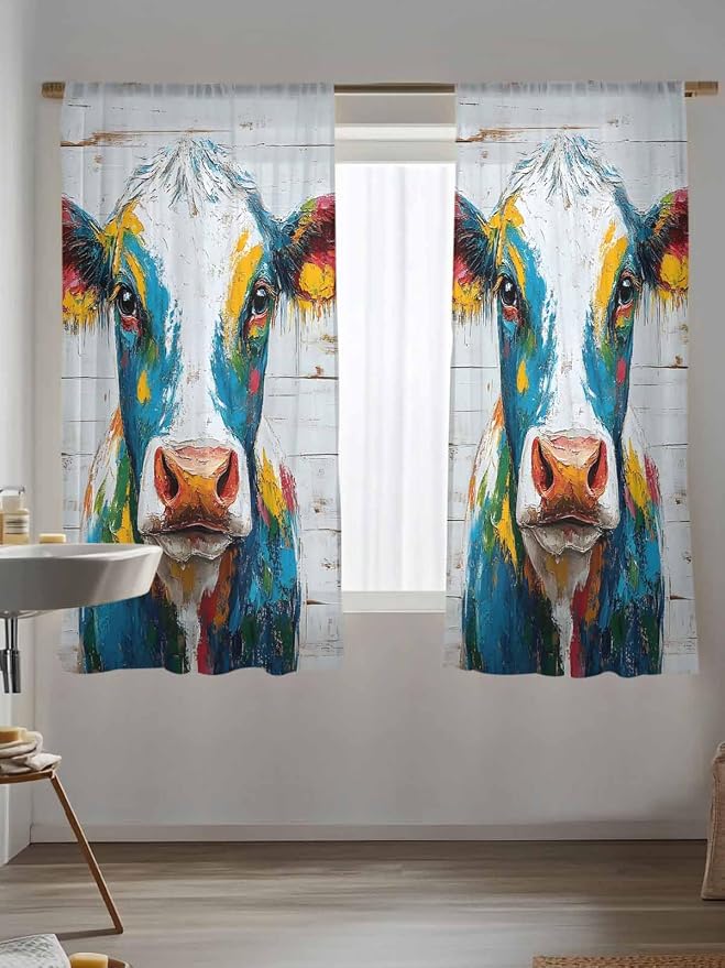 Sheer Curtains 72 Inches Long, Rustic Cow Semi Sheer Curtains Light Filtering - Image 5