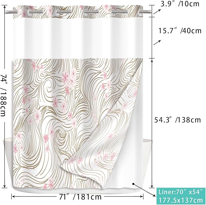 No Hook Shower Curtain Set with Snap in Fabric Liner for Bathroom,with See Through Top Window,Double Shower Curtain with Detachable Liner Replacement,Machine Washable,Pink Floral,71"x 74"