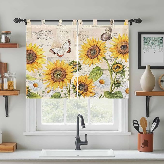 Yellow Sunflowers Kitchen Curtains 45 Inch Length, Short Cafe Window Curtains - Image 3