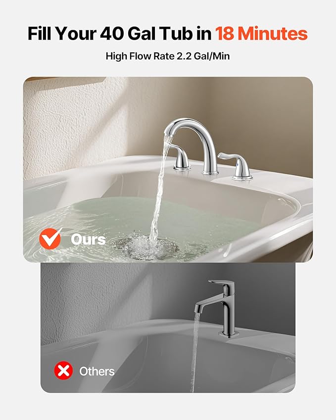 VEVOR Roman Tub Faucet, 3 Hole Waterfall Bathtub Faucet, Bath Tubs Faucets Set with 2 Handles, Deck Mount Bath Tub Faucets Set for Pet Washing, Adult Bathing, Chrome, High Arc Spout