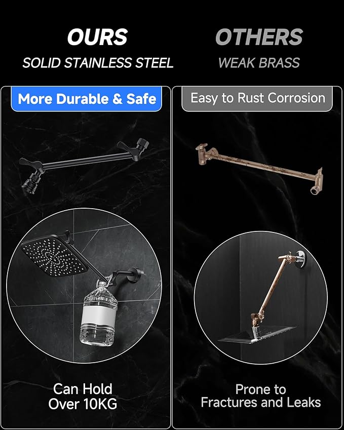 Veken 11.8" Black Rain Shower Head, Rectangular Rainfall Showerheads with 11" Stainless Steel Exension Arm, Height & Angle Decor Adjustable, High Pressure Shower Heads, Bathroom Accessories