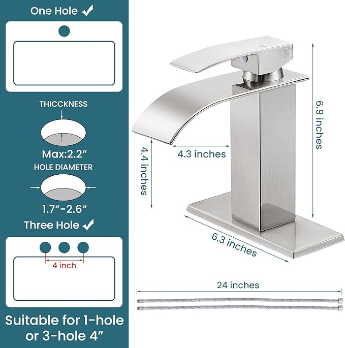Bathroom Faucets Brushed Nickel Waterfall Bathroom Sink Faucet Modern Single Handle Bathroom Faucet for 1 or 3 Hole Mxier Tap Washbasin Faucet with Deck, Pop-up Drain and Supply Hoses 2 Pack