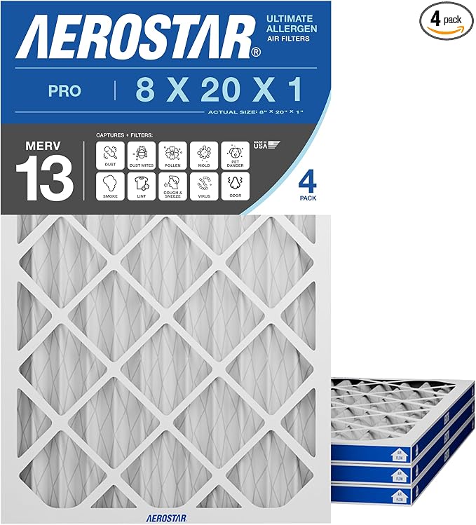Aerostar 8x20x1 MERV 13 High Efficiency Pleated Air Filter, Electrostatic AC by AirFiltersDelivered