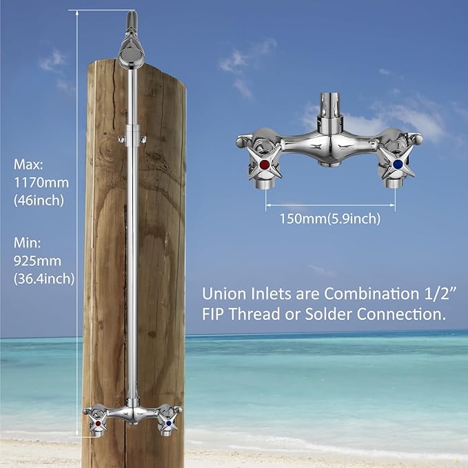 Aolemi Outdoor Shower Kit Fixtures Faucet System Double Handle Exposed Shower with Brass Mix Valve and Height-Adjustable Shower Pipe 6 Inch Center with Showerhead Polish Chrome