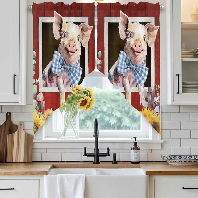 Pig Sunflowers Swag Valances for Windows, Eucalyptus Leaves Floral Bees Red - Image 2