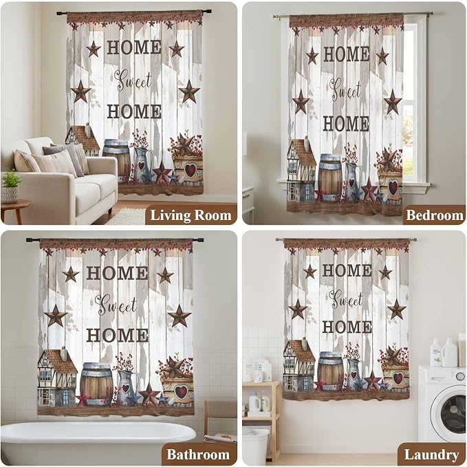 Farmhouse Sheer Curtains 108 Inch Length Retro Country Star Berry Vintage Wood - Image 7
