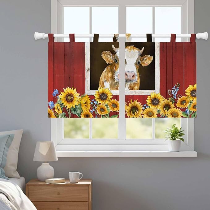 Cows Sunflowers Kitchen Curtains 24 Inch Length, Small Window Curtains Tab Top - Image 9