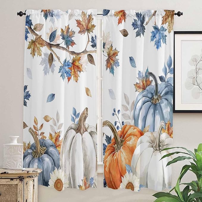 Navy Blue Pumpkin Fall Window Curtains 72 Inch Long 2 Panel Set, Rod Pocket by Unknown