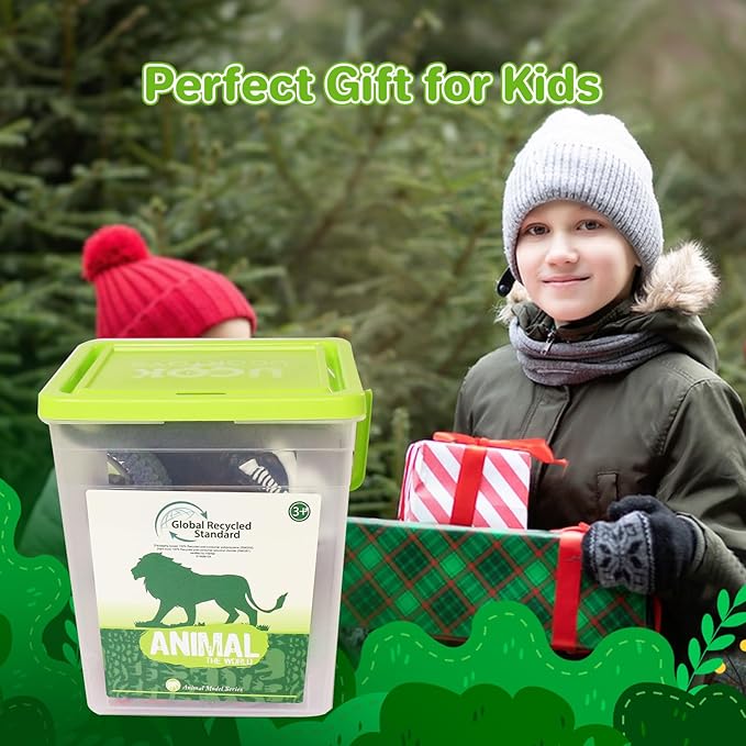 10 Big Realistic Safari Animal Toys for Kids 3-7, Jungle Figures Set with 12 Accessories & Storage Bucket, Educational Plastic Toys