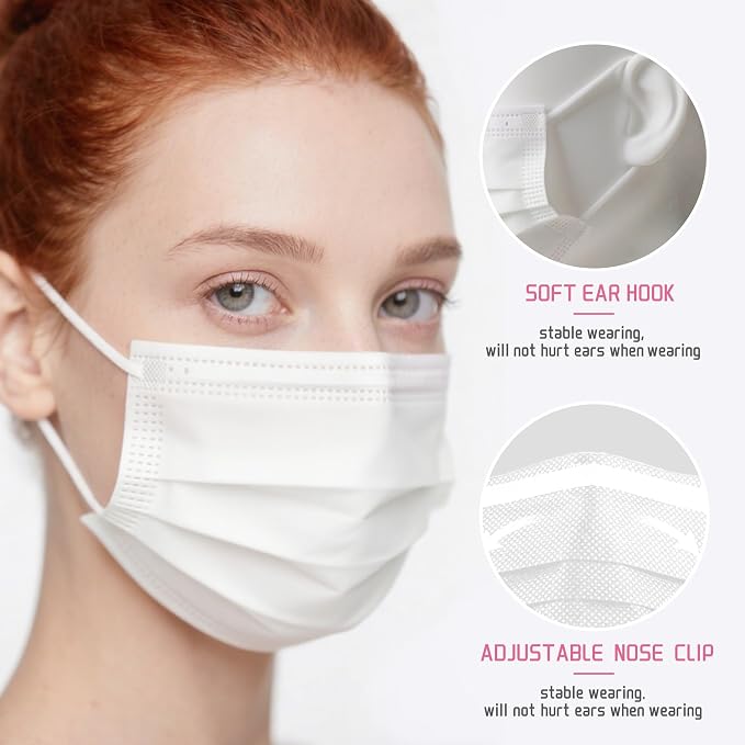 NNPCBT White Disposable Face Masks 100 Pack, 3-Ply Breathable Mask - Image 2