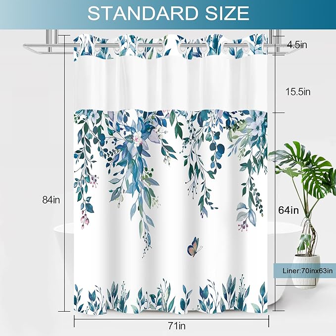 No Hook Shower Curtain and Liner Set, Dark Blue Eucalyptus Floral Shower Curtains for Bathroom, Bath Curtain Sets with Snap in Liner, Waterproof with See Through Top Window, 71x84 Inches