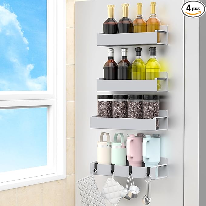 4 Pack Magnetic Spice Rack Organizer for Refrigerator and Oven, Light Gray Fridge Organizers and Storage for Kitchen