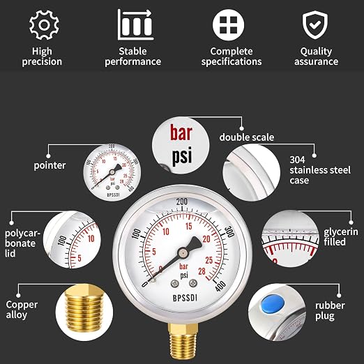 0-400 Psi Glycerin Liquid Filled Pressure Gauge, 2.5" Dial Size, 1/4" NPT Lower - Image 3