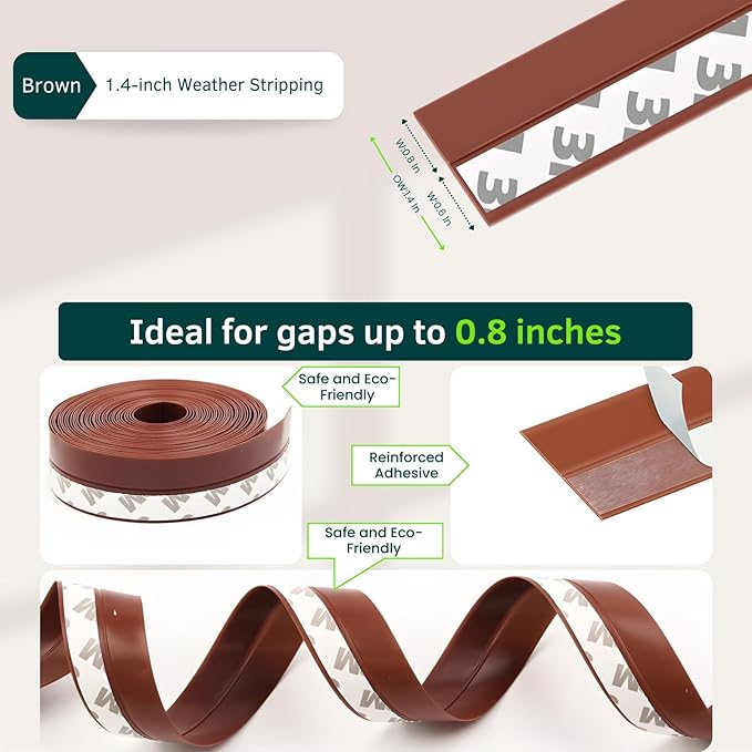 1.4in Brown Weather Stripping Door Seal – Heavy-Duty Silicone, Strong Adhesive, Seals Medium Gaps for Winter Cold Protection and Energy Efficiency