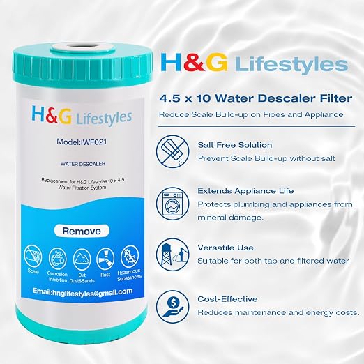 H&G Lifestyles 10" x 4.5 Water Descaler, Anti Scale Phosphate Filter Saltless - Image 3