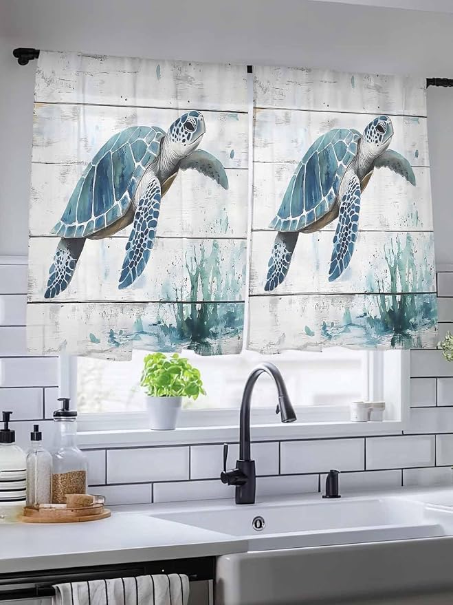Sheer Curtains 54 Inch Length, Teal Green Sea Turtle Semi Sheer Curtains Light - Image 5