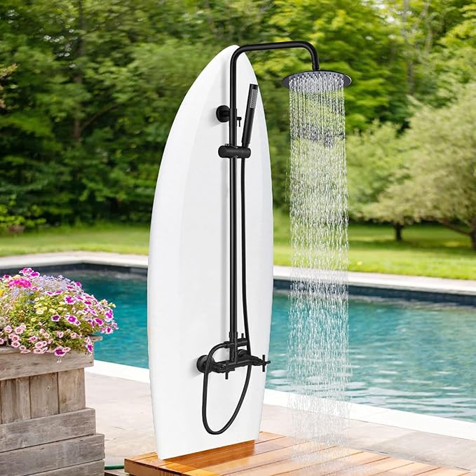 gotonovo Outdoor Shower Fixtures SUS304 Stainless Steel Rain Shower Kit Faucet High Pressure Wall Mount 2 Dual Function 8 Inch Showerhead and Handheld Spray Combo, Double Cross Handle, Matte Black