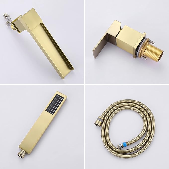 TapLong Waterfall Tub Filler Faucet with HandHeld Shower Widespread Roman Tub Faucet Set, Deck Mount 3-Holes Single-Handle Faucet in Brushed Gold, 03111BG