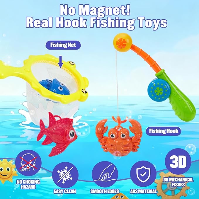 Bath Toys for Kids Ages 1-3, 22 PCS Mold-Free Toddler Bath Toys with Fishing Toy Game Fishing Pole Rod Net & Boats& No Hole Tub Toys with Mesh Bag, Water Pool Toys for Kids Ages 1 2 3 4 5 6 Years Old