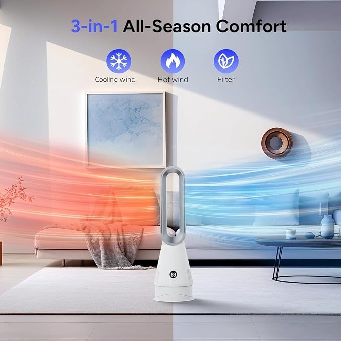 Bladeless Heater Fan, 25inch Heating & Cooling & Filter Combo Tower Fan 80° - Image 4