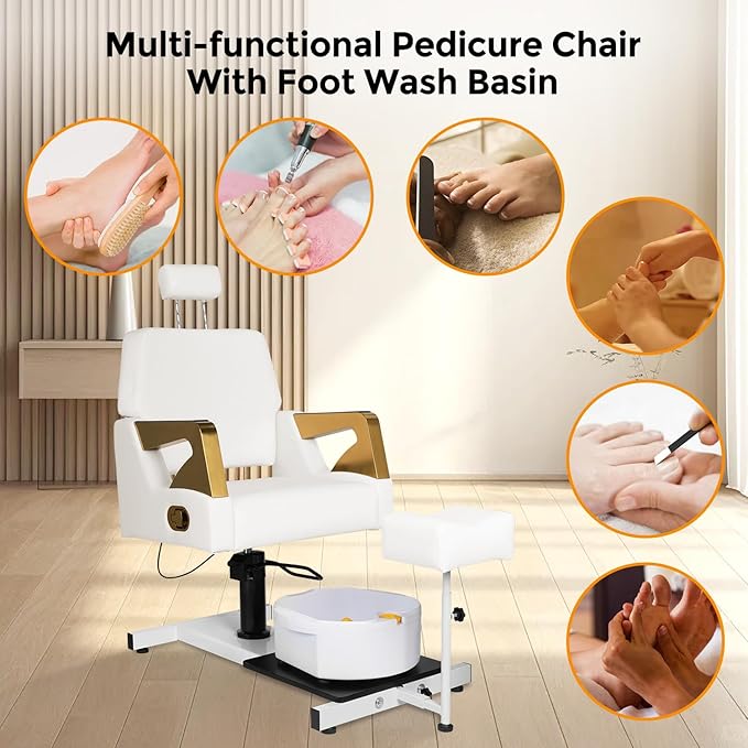 Pedicure Chair, Pedicure Station No Plumbing Adjustable Height Reclining Pedicure Chair with Footrest Massage Basin & Stool 360 Degree Swivel Foot Spa Chair Adjustable Backrest Spa Chair White