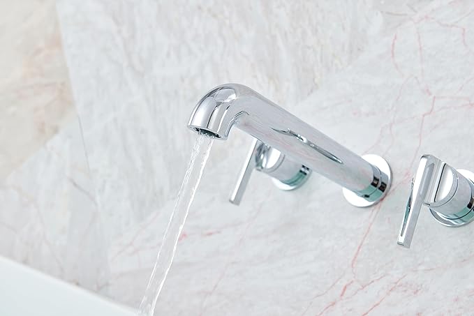 SITGES Solid Brass Wall Mount Tub Filler, 10" Long Spout Reach Wall Mount Bathtub Faucet with Two Lever Handles, High-End Design, High Flow Bathtub Faucet Set with Rough-in Valve Included, Chrome