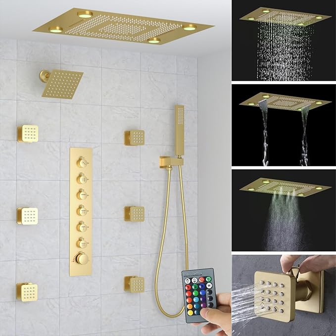 24x32 LED Dual Head Shower System 24"x32" Ceiling Mount Shower Head Thermostatic Shower System Rainfall Shower Set with 6 Inches Shower Head and 6 Body Jets High Pressure Shower Handheld
