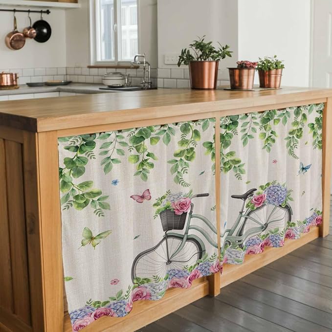 Farmhouse Spring Tier Curtains, Retro Bicycles Flowers Vines Butterfly Light - Image 7
