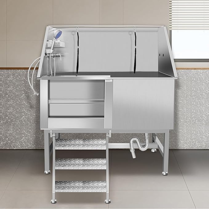 50" Professional Dog Wash Station, Stainless Steel Dog Grooming Tub for Large, Medium & Small Pets - with Anti-Slip Stairs, Drain & Door, Silver