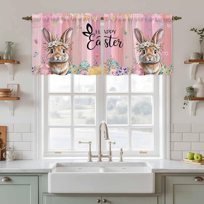 Easter Tier Curtains, Spring Rabbit Eggs Flowers Flags Leaves Wood Grain Light - Image 2