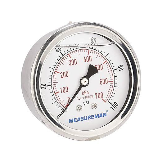MEASUREMAN 2-1/2inch Dial Size, Glycerin Filled Pressure Gauge, 0-100psi/kpa by MEASUREMAN