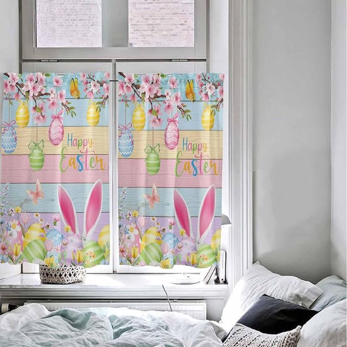 Colorful Easter Tier Curtains 45 Inches Long, Spring Watercolor Bunny Egg - Image 5